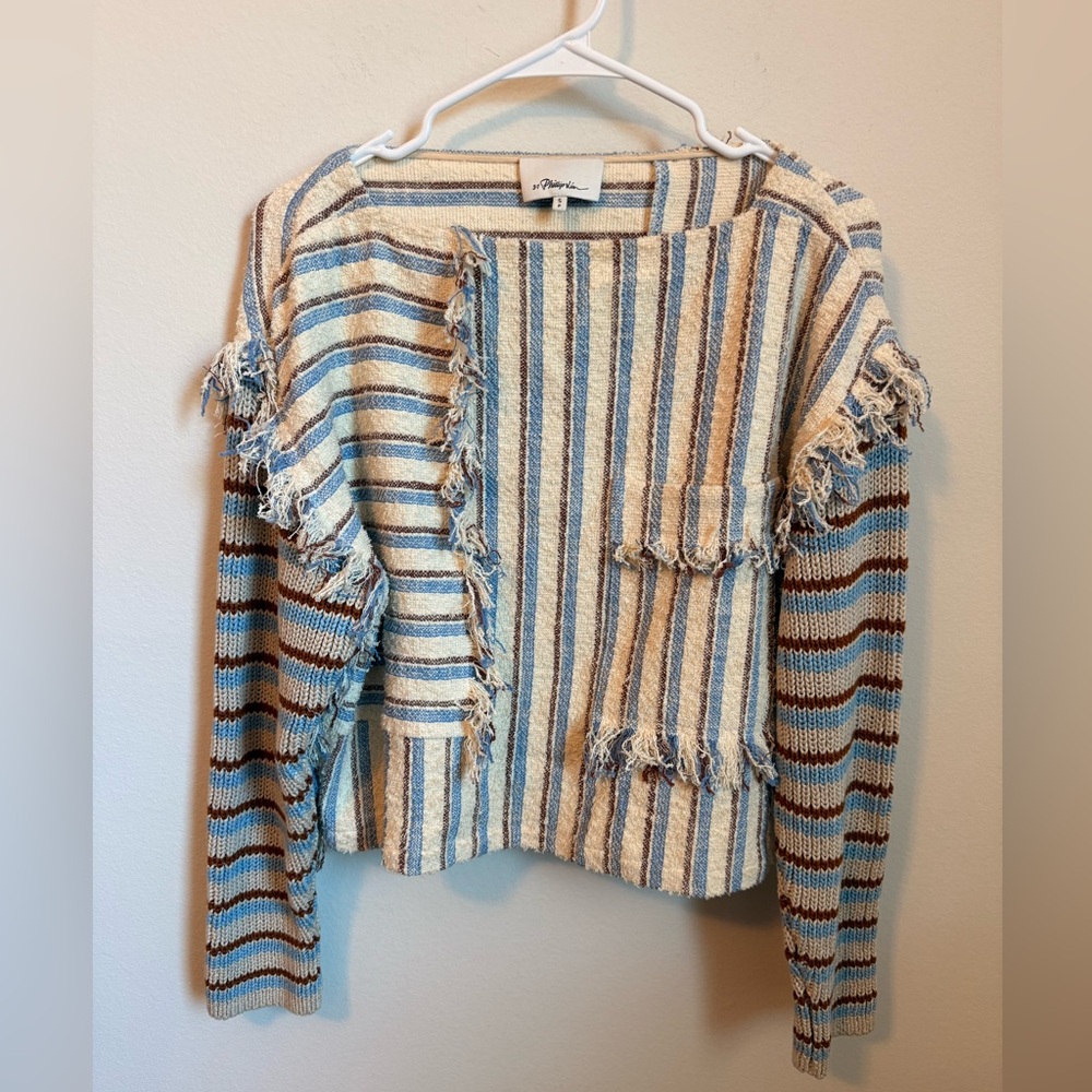 3.1 Phillip Lim Blue and Cream Striped Fringe sweater